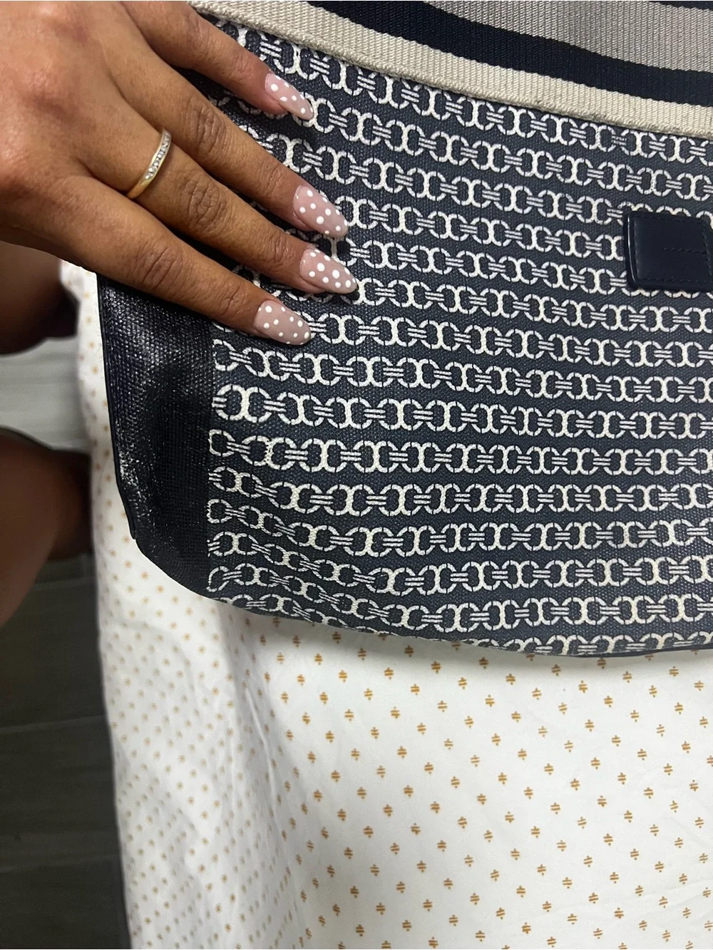 Tory Burch Black and Cream Logo Stripe Tote